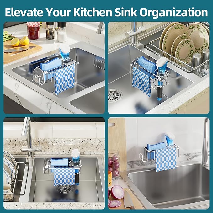 TAILI 4-in-1 Sink Caddy with Strong Suction Cup, Sponge Holder for Kitchen Sink Organizer, Removable, Rustproof, Stainless Steel Holder for Sponge, Brush, Scrubber, Scraper - Silver - Image 7