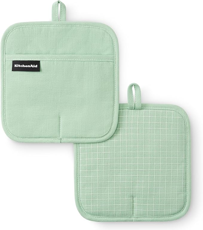 KITCHENAID Gourmet Series Gridlines Pot Holders 2-Pack Set, Heat Resistant up to 600°F, Soft Silicone Grip, Magnetic Cuff, Pistachio Green, 8"x8" by KitchenAid