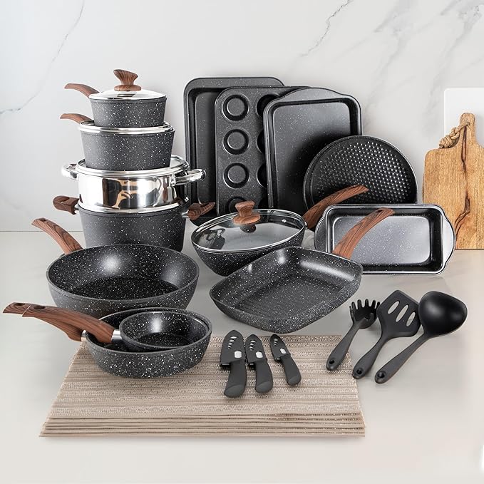 30 Piece Pots and Pans Set Non Stick, Granite Induction Cookware Sets, Nonstick Kitchen Cookware Sets, Non Toxic Cookware Set with Frying Pans and Saucepan, Kitchen Pots and Pans Set, Black - Image 9