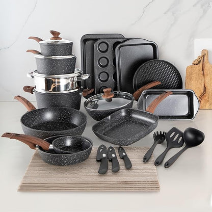 30 Piece Pots and Pans Set Non Stick, Granite Induction Cookware Sets, Nonstick Kitchen Cookware Sets, Non Toxic Cookware Set with Frying Pans and Saucepan, Kitchen Pots and Pans Set, Black - Image 9
