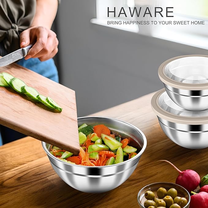 HaWare Mixing Bowls with Airtight Clear Lids, 6-Piece Stainless Steel Strong Nesting Bowls Set, Metal Salad Bowl for Cooking, Prepping, Baking, Serving & Food Storage, Size 4.6, 3, 1.5QT, Khaki - Image 7