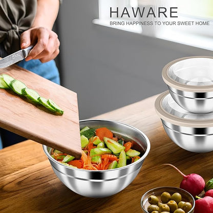 HaWare Mixing Bowls with Airtight Clear Lids, 6-Piece Stainless Steel Strong Nesting Bowls Set, Metal Salad Bowl for Cooking, Prepping, Baking, Serving & Food Storage, Size 4.6, 3, 1.5QT, Khaki - Image 7