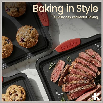 Baking Pan Set – 3 Piece Cookie Sheet – Deluxe Black Non-Stick Carbon Steel – Silicone Handles – Commercial Grade Restaurant Quality – PFOA PFOS and PTFE Free by Bakken - Image 8