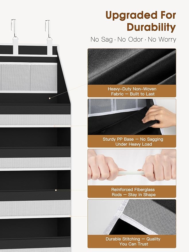 Criusia 2 Pack Over the Door Organizer, Heavy-Duty 6-Shelf Hanging Storage with 13 Mesh Pockets, 55lbs Capacity Behind the Door Storage for Nursery, Bathroom, Bedroom, and Dorm, Black - Image 3