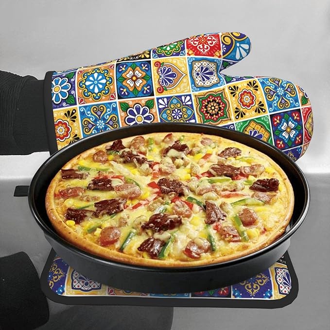 Mexican Talavera Tile Oven Mitts and Pot Holders Sets of 3, Heat Resistant Non-Slip Polyester Colorful Talavera Kitchen Gloves Gifts for Cooking Lovers, Vibrant Kitchen Decor for Baking BBQ Cooking - Image 4