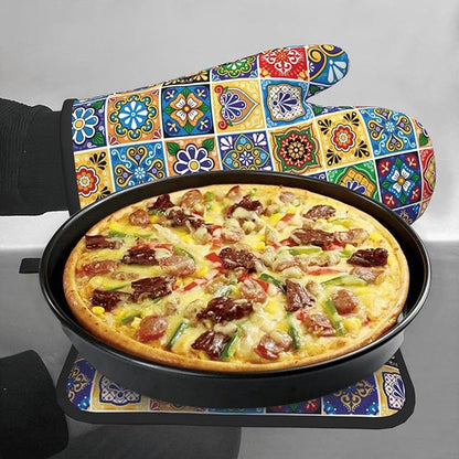 Mexican Talavera Tile Oven Mitts and Pot Holders Sets of 3, Heat Resistant Non-Slip Polyester Colorful Talavera Kitchen Gloves Gifts for Cooking Lovers, Vibrant Kitchen Decor for Baking BBQ Cooking - Image 4