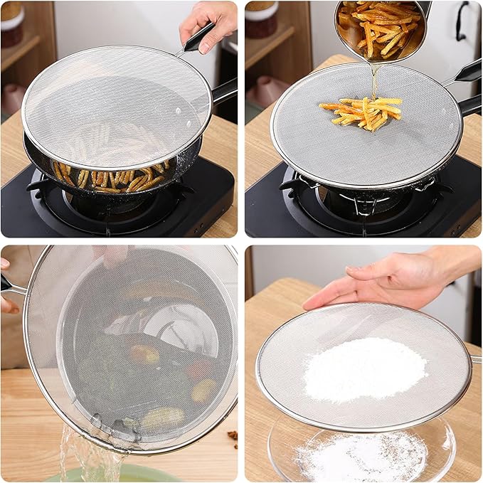 Splatter Screen for Frying Pan 13" 11.5" 9.8" Stainless Steel Fine Mesh Grease Splatter Guard with Comfort Silicone Handles and Resting Feet for Prevent Oil Splatter Safe Cooking - Image 7