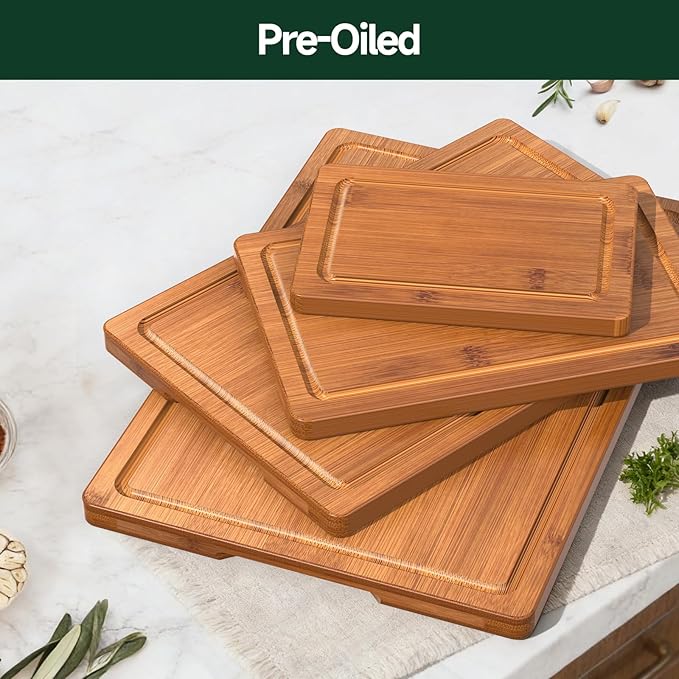 4-Piece Set Bamboo Cutting Board for Kitchen - Crack-Resistant Wood Chopping Boards with Deep Juice Grooves, Pre-Oiled Butcher Block for Meat, Vegetables & Cheese, Carbonized - Image 6