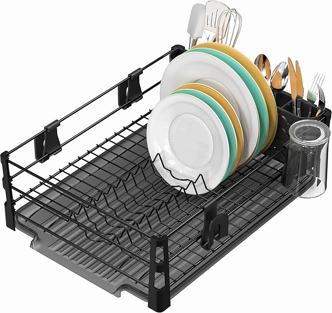 Simple Houseware Dish Drying Rack with Drainboard, Utensil Holder & Mug Hooks, Black Metal Kitchen Counter Organizer by SimpleHouseware