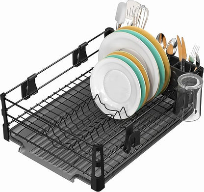 Simple Houseware Dish Drying Rack with Drainboard, Utensil Holder & Mug Hooks, Black Metal Kitchen Counter Organizer by SimpleHouseware