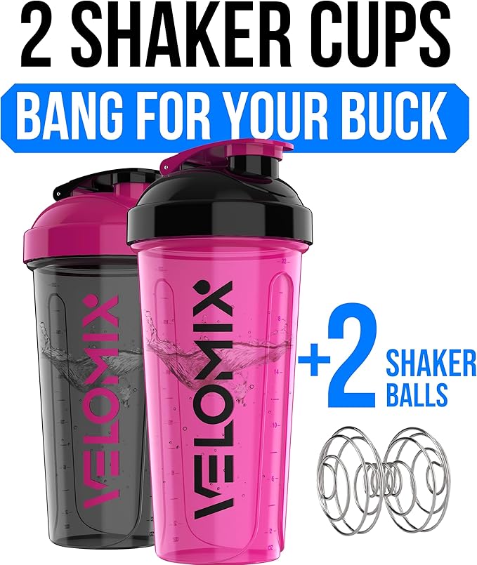 VELOMIX -2 Pack- 28 oz Protein Shaker Bottles for Protein Mixes - 2x Wire Whisk | Leak Proof Shaker Cups for Protein Shakes and Pre Workout | Protein Shaker Bottle Pack (B2) Black/Pink