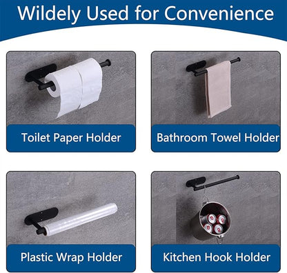 Paper Towel Holder with 2 Hooks-Under Cabinet Paper Towel Holder for Kitchen, Self-Adhesive or Screws, Space Saving Wall Mounted Kitchen Roll Holder, Bathroom, Stainless Steel Matte Black