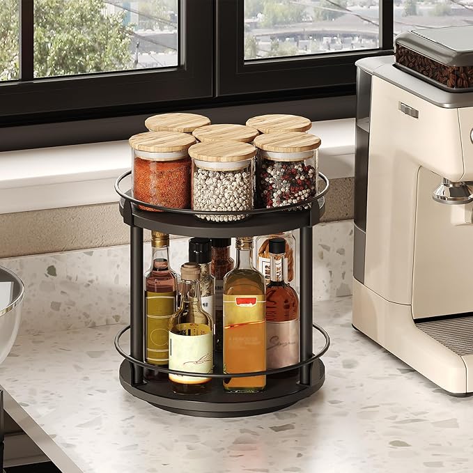 YATINEY Lazy Susan Organizer, Rotating Spice Rack, 2 Tier Spice Turntable Organizer, Industrial Turntable Spice Holder, for Kitchen Countertop and Cabinet, Compact and Versatile, Black SR22BK - Image 4