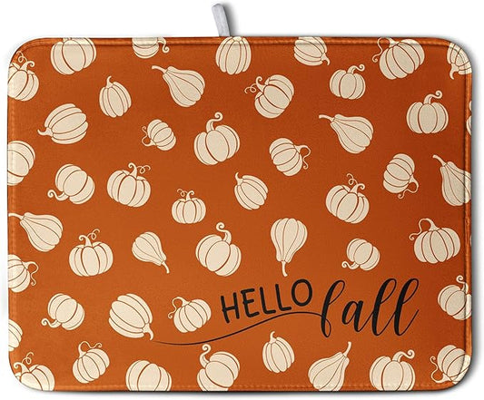Hello Fall Drying Mat for Kitchen Counter Autumn Orange Pumpkin Dry Dish Mat Thanksgiving Absorbent Microfiber Dish Draining Washable Dish Drainer Rack Mat Large 18x24 Inch by Kwlegh