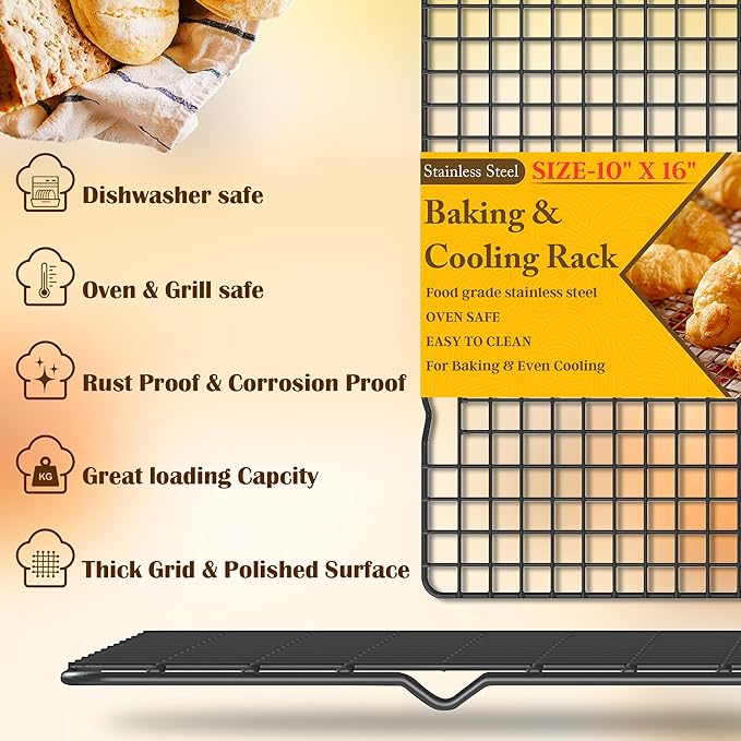 2PCS Cooling Racks for Cooking and Baking - 10" x 16"Heavy Duty Stainless Steel Wire Rack for Baking, Grilling, Roasting - Oven & Dishwasher Safe - Fits Half Sheet Pan（Black） - Image 2