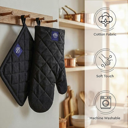 Encasa XO Heat Resistant 100% Cotton Oven Glove & Potholder Set with Loop, Kitchen Cooking Mittens, Microwave Safe Hot Pads (Full Black)