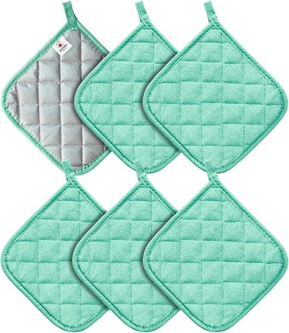 Joyhalo 6 Pack Pot Holders for Kitchen,Cotton Oven Holder with Great Heat Resistance,Non Slip Hot Pads for Kitchen Clearance,Aqua by Joyhalo