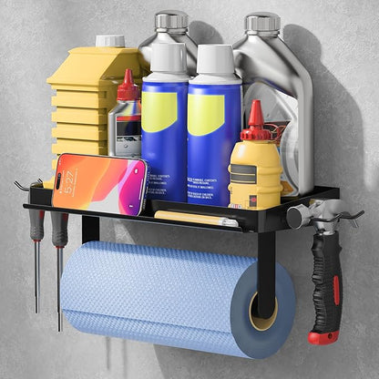 ZUNTO 3-in-1 Wall Mount Garage Paper Towel Holder with Shelf, Organize Shelf & Pen Holder(or Phone Storage) & Hanging Hooks - Heavy Duty Stainless Steel Organizer for Kitchen, Workshop, Laundry Room by ZUNTO