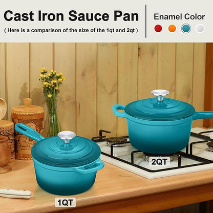 1 Qt & 2 Qt Sauce Pan Sets, Leonyo Enameled Cast Iron Sauce Pan with Lid, Small Saucepan Cast Iron Dutch Oven Kitchen Cookware for All Cooktops Cooking Pasta, Milk, Oatmeal - Up to 500°F, Lake Green