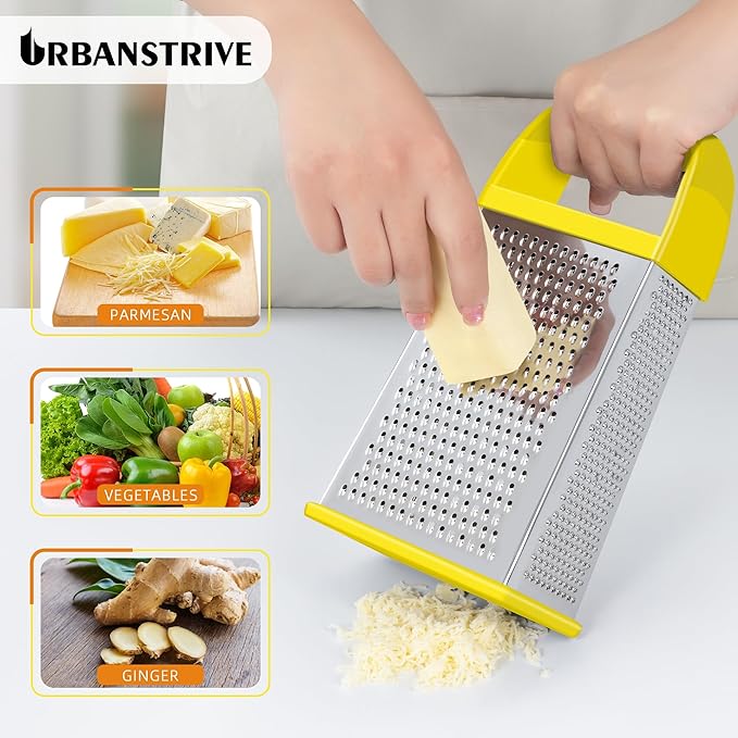Urbanstrive Cheese Grater With Container, Professional Cheese Grater with Handle, Stainless Steel Graters for Kitchen Handheld, Box Grater with 4 Sides for Vegetables, Ginger, Potatoes (Yellow) - Image 4