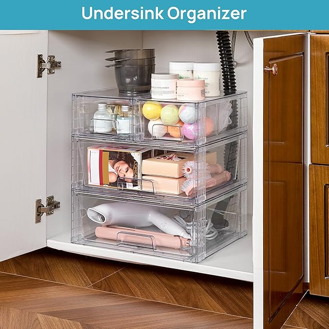Vtopmart 3 Pack Stackable Storage Drawers, Easily Assemble Acrylic Bathroom Undersink Organizers,Clear Plastic Storage Bins for Closet,Cabinet,Pantry,Medicine Organization - Image 2