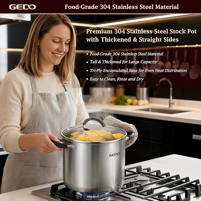 GEDO Food-Grade 304 Stainless Steel Stock Pot, Thickened Cooking Pot with Tempered Glass Lid, Heat-Resistant Handles, Fits All Stovetops for Soup Stew Canning, Dishwasher Safe (10, Quarts) - Image 2