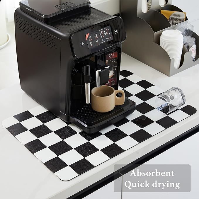 Ohocut Checkered Dish Drying Mat for Kitchen Counter, Coffee Bar Station Accessories, Retro Cute Aesthetic Modern Absorbent Drainer Mat Kitchen Drying Mat Easy Clean, Black 12" x 19" - Image 4