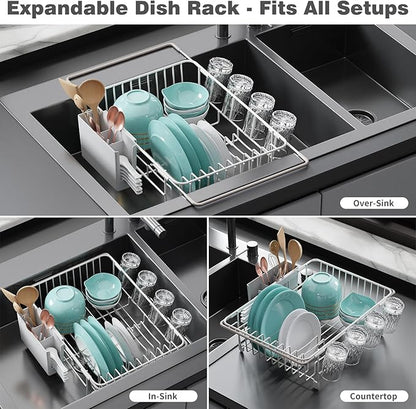 Dish Drying Rack in Sink: Expandable, 3-Slot Utensil Holder, Anti-Slip Handle. Small Dish Rack: Ideal for Small Households. Kitchen Drying Rack: White