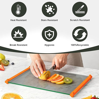 Glass Cutting Boards for Kitchen(12x16" & 12x8"),European Grey Glass Paired with Orange Silicone Grip,No Scratches/Microplastic-Free/Non Toxic,Excellent Gift for Mother's Day and Father's Day