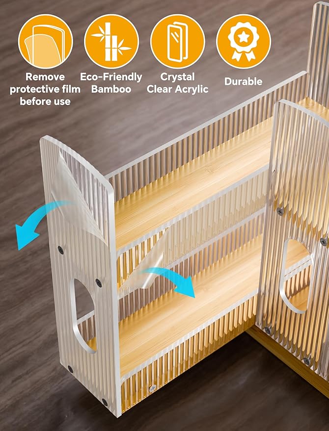 NiHome Bamboo Pull-Out Spice Rack Organizer for Cabinet, 3-Drawer Vertical Slide Out Seasoning Rack Storage Shelf for Kitchen Pantry, Bamboo Frame with Wave-Pattern Acrylic Divider (8.5” Wide, 2-Tier) - Image 5