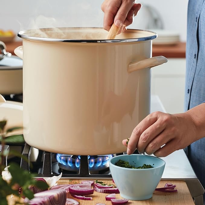 Rachael Ray Enamel on Steel Stockpot with Lid, Induction Suitable, 12 Quart, Almond Cream - Image 7