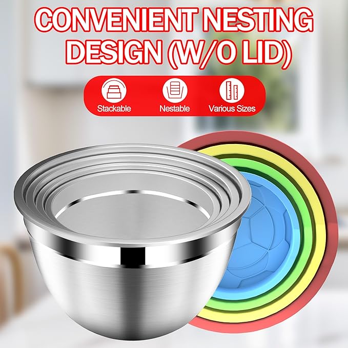 DUTZUN Mixing Bowls with Strainer, Mixing Bowl with Lids Set, Stainless Steel Mixing Bowls, Kitchen Gadgets Salad Bowls with Strainer for Mixing & Preping & Serving, Multicolor - Image 4
