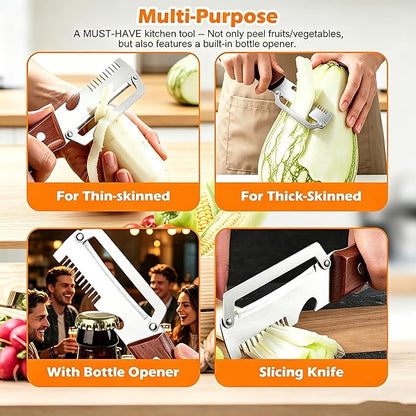 Multi-Functional Vegetable Peeler, 3 in 1 Multi Functional Wooden Handle Peeler and Bottle Opener,Kitchen Gadgets Tool，Grater & Bottle Opener for Potato, Carrot, Apple, Fruit & Vegetable (1pcs)