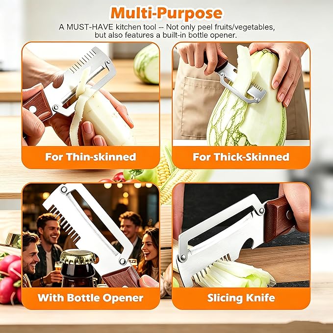Multi-Functional Vegetable Peeler, 3 in 1 Multi Functional Wooden Handle Peeler and Bottle Opener,Kitchen Gadgets Tool，Grater & Bottle Opener for Potato, Carrot, Apple, Fruit & Vegetable (2pcs)