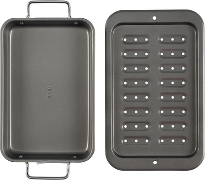 GoodCook Everyday Broiler Baking Pan with Built-in Handles Nonstick Warp-Resistant Heavy-Gauge Steel Construction Even-Heating Oblong Pan with Drip Rack, 7x11-Inch, Gray