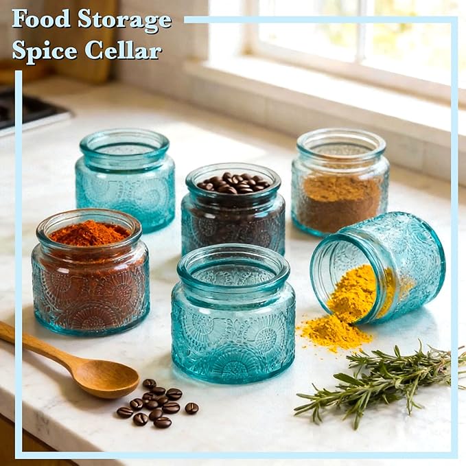 4 oz Blue Mini Glass Jars with Airtight Bamboo Lids 6 pack, Decorative Small Food Storage Canister, Vintage Embossed Home Décor Candle Parties Wedding Baby Shower Favors Gift