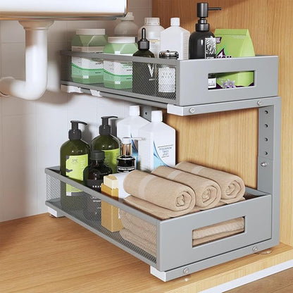 1 Pack 17IN Depth Under Sink Organizer, 2-Tier Pull Out Cabinet Organizer With Smooth Circular Rail, Large Capacity Metal Mesh Sliding Drawers For Bathroom& Kitchen Storage,Height Adjustable-Gun Gray