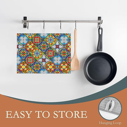 Mexican Tile Dish Drying Mat,Boho Tradicion Drying Rack Pad Countertop Dishes Ultra Absorbent Microfiber Kitchen Counter Mat for Coffee Countertop Decor 18x24 Inch