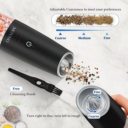 Gravity Electric Salt and Pepper Grinder Set, Battery Powered LED Light One Hand Automatic Operation, Adjustable Coarseness Mill Grinders Shakers Black (E. USB rechargeable -2P)