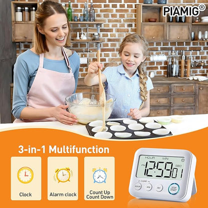 Digital Kitchen Timer Alarm Clock for Cooking, Large LCD Display Multi-Function, Strong Magnetic with Loud Alarm, Digital Timer for Kids,Teachers,Classroom, Exercise or Work (White)
