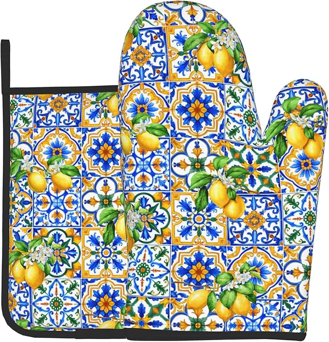 Lemon Oven Mitts - Summer Kitchen Mitts Pot Holders Teal Blue and Yellow Hot Mitts Boho Floral Hot Pads Sets of 2 for Cooking Baking Grilling by DZGlobal