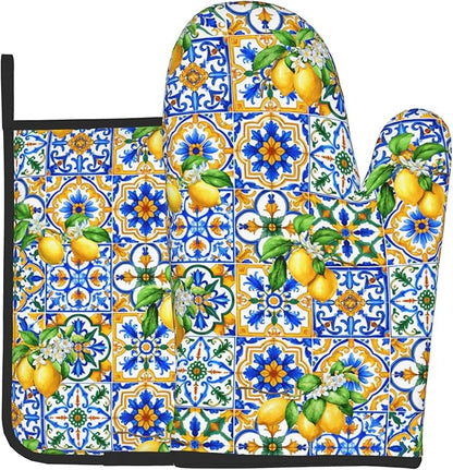 Lemon Oven Mitts - Summer Kitchen Mitts Pot Holders Teal Blue and Yellow Hot Mitts Boho Floral Hot Pads Sets of 2 for Cooking Baking Grilling by DZGlobal