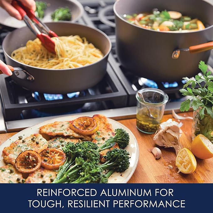 Rachael Ray Cucina Dishwasher Safe Hard Anodized Nonstick Cookware Pots and Pans Set, 12 Piece, Gray with Orange Handles - Image 4