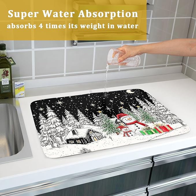 Winter Snowman Dish Drying Mat 24 X 18 in Black Microfiber Dish Pad Absorbent Holiday Kitchen Accessories - Image 7