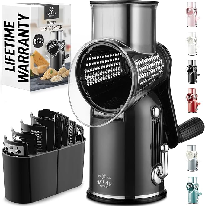 Zulay Kitchen Rotary Cheese Grater 5 Blade Cheese Shredder - Manual Hand Crank Cheese Grater With Reinforced Suction & 5 Interchangeable Drums - Easy to Use, Vegetable Chopper Round Mandoline Slicer by ZulayKitchen