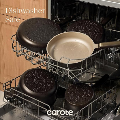 CAROTE Pots and Pans Set Nonstick, 16pcs Cookware Set Nonstick Non-Toxic & PFOA&PFOS-Free, Dishwasher, RV/Camping Cookware Set, Cooking Pots with Lids, Brown - Image 6