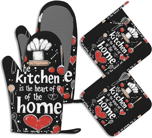 Funny Oven Mitts and Pot Holders Sets of 4 The Kitchen is The Heart of The Home Heat Resistant Silicone Oven Mits Gloves Non-Slip Kitchen Mittens Potholders for Cooking Baking Grilling BBQ