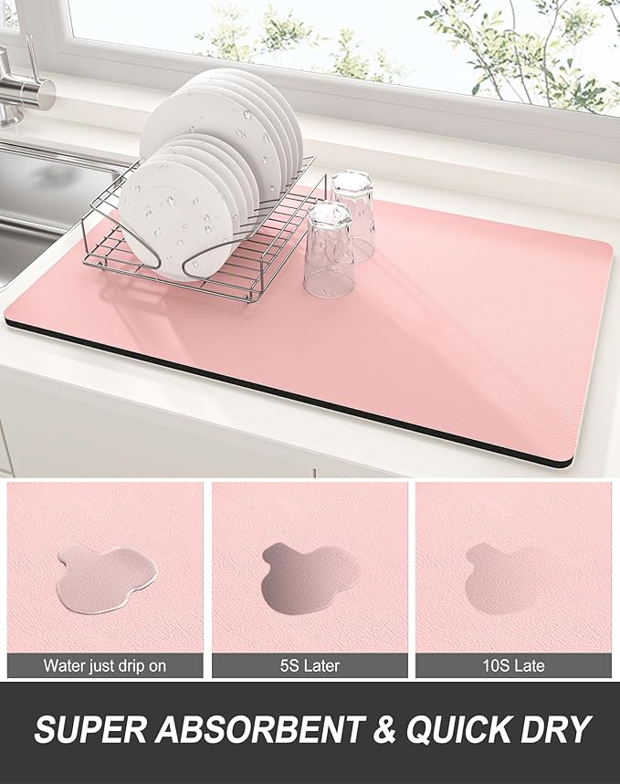 Rnivvi Dish Drying Mat for Kitchen Counter, XL 15 x 24" Super Absorbent Drainer Pad Easy Clean Dish Rack Pad, Non-Slip Heat Resistant Coffee Bar Mat for Coffee Machine Station Accessories Decor, Pink - Image 3