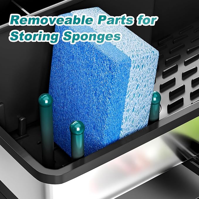 Ewaiira Stainless Steel Sink Caddy, Sponge Holder for Kitchen Sink with Brush Holder and Towel Rack, Sink Organizer for Countertop, Soap Dispenser Kitchen Organizers Storage Essentials, Black 9.8″ - Image 9