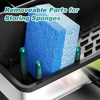 Ewaiira Stainless Steel Sink Caddy, Sponge Holder for Kitchen Sink with Brush Holder and Towel Rack, Sink Organizer for Countertop, Soap Dispenser Kitchen Organizers Storage Essentials, Black 9.8″ - Image 9